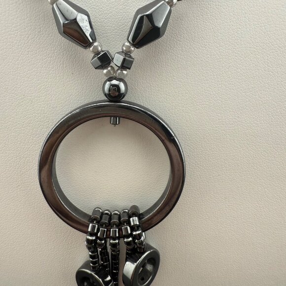 Black Hematite Beaded Necklace With Circular Pendant‎ & Dangling Bead Accents - Picture 3 of 6